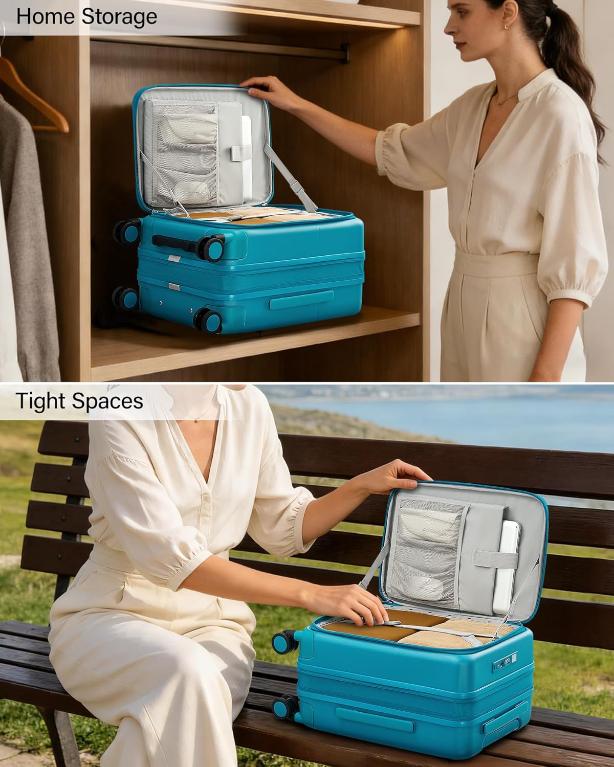 20 Inch Carry On Luggage with Cup Holder and USB Charging Port, Top Opening Hard Shell Suitcase with Wheels, Aluminum Frame Trunk Luggage with TSA Lock & Dividers for Travel, Smoke White