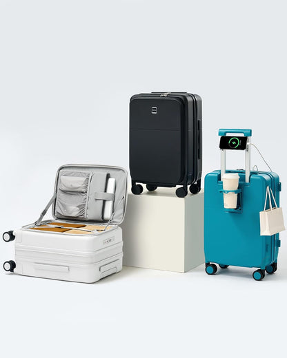 20 Inch Carry On Luggage with Cup Holder and USB Charging Port, Top Opening Hard Shell Suitcase with Wheels, Aluminum Frame Trunk Luggage with TSA Lock & Dividers for Travel, Smoke White