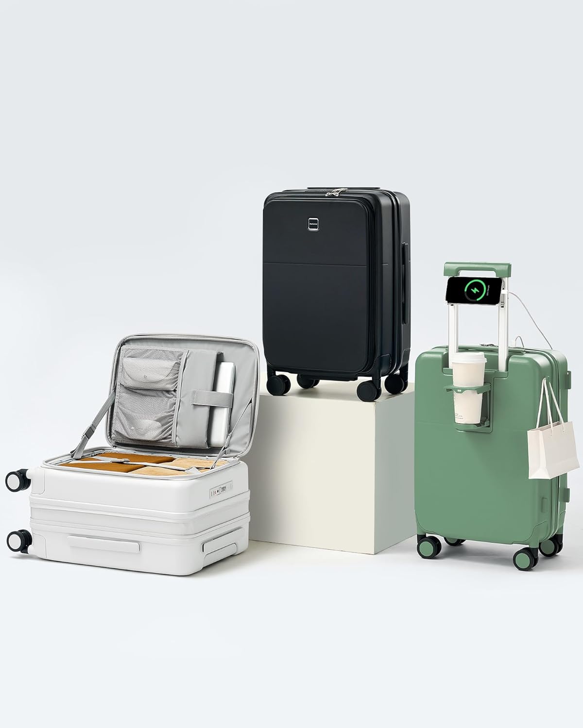 20 Inch Carry On Luggage with Cup Holder and USB Charging Port, Top Opening Hard Shell Suitcase with Wheels, Aluminum Frame Trunk Luggage with TSA Lock & Dividers for Travel, Smoke White