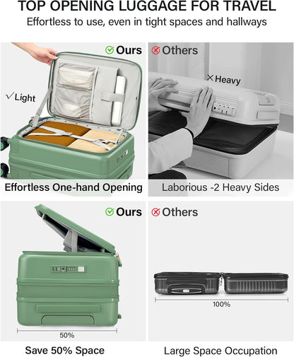 20 Inch Carry On Luggage with Cup Holder and USB Charging Port, Top Opening Hard Shell Suitcase with Wheels, Aluminum Frame Trunk Luggage with TSA Lock & Dividers for Travel, Smoke White