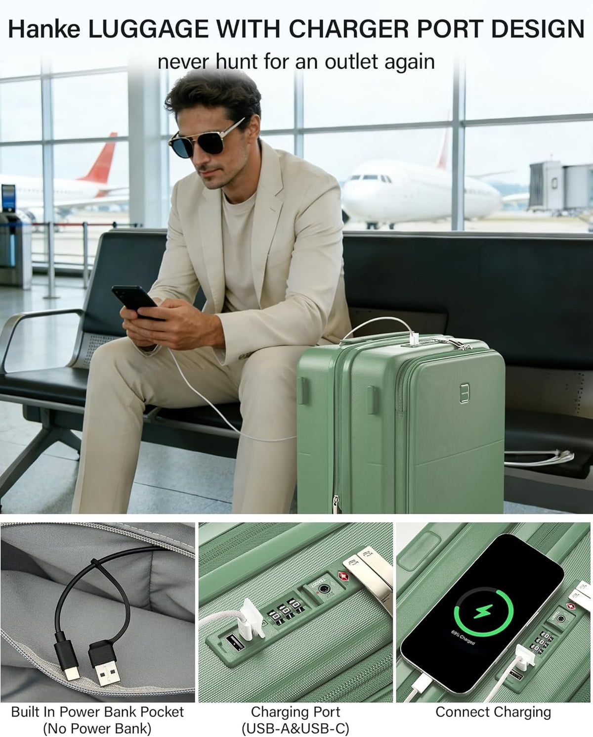 20 Inch Carry On Luggage with Cup Holder and USB Charging Port, Top Opening Hard Shell Suitcase with Wheels, Aluminum Frame Trunk Luggage with TSA Lock & Dividers for Travel, Smoke White