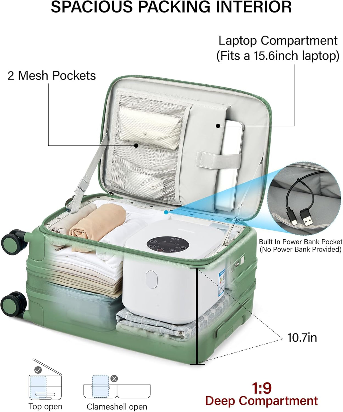 20 Inch Carry On Luggage with Cup Holder and USB Charging Port, Top Opening Hard Shell Suitcase with Wheels, Aluminum Frame Trunk Luggage with TSA Lock & Dividers for Travel, Smoke White