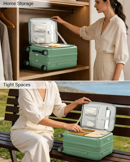 20 Inch Carry On Luggage with Cup Holder and USB Charging Port, Top Opening Hard Shell Suitcase with Wheels, Aluminum Frame Trunk Luggage with TSA Lock & Dividers for Travel, Smoke White