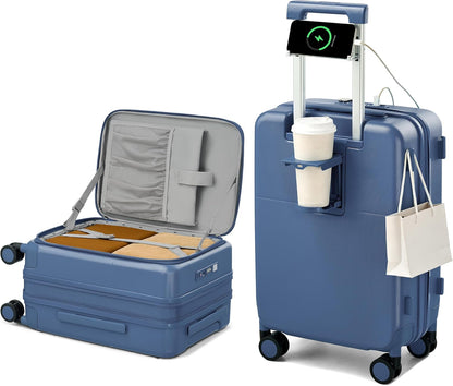 20 Inch Carry On Luggage with Cup Holder and USB Charging Port, Top Opening Hard Shell Suitcase with Wheels, Aluminum Frame Trunk Luggage with TSA Lock & Dividers for Travel, Smoke White