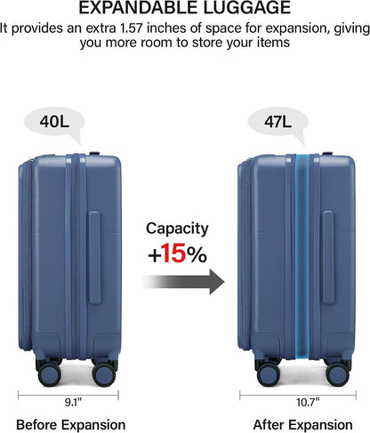 20 Inch Carry On Luggage with Cup Holder and USB Charging Port, Top Opening Hard Shell Suitcase with Wheels, Aluminum Frame Trunk Luggage with TSA Lock & Dividers for Travel, Smoke White