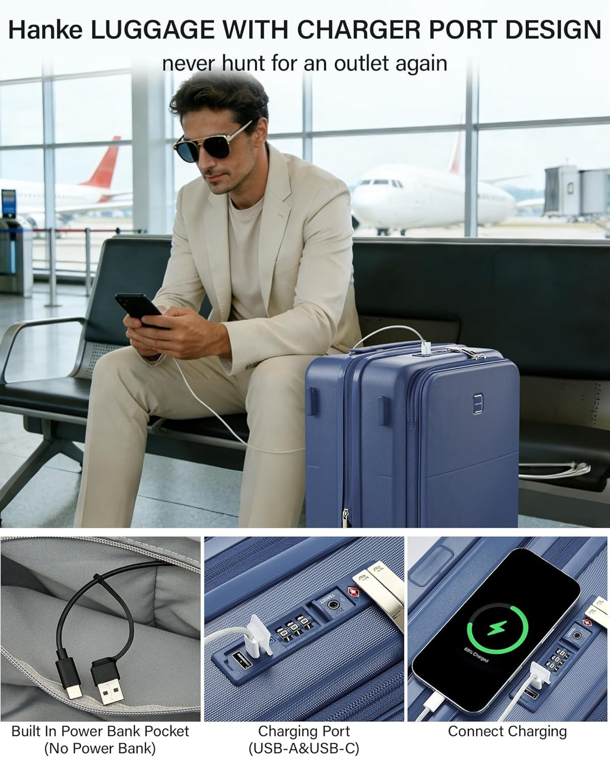 20 Inch Carry On Luggage with Cup Holder and USB Charging Port, Top Opening Hard Shell Suitcase with Wheels, Aluminum Frame Trunk Luggage with TSA Lock & Dividers for Travel, Smoke White