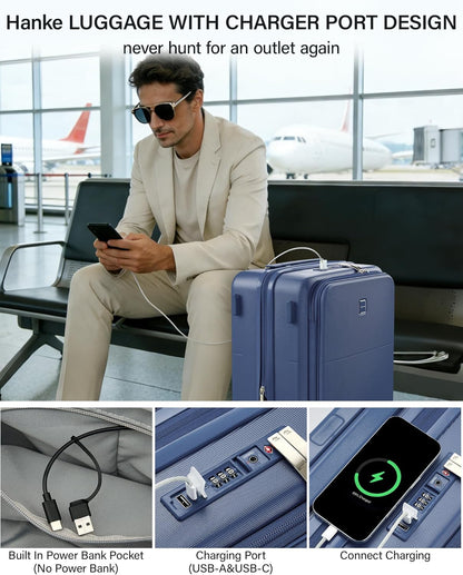 20 Inch Carry On Luggage with Cup Holder and USB Charging Port, Top Opening Hard Shell Suitcase with Wheels, Aluminum Frame Trunk Luggage with TSA Lock & Dividers for Travel, Smoke White