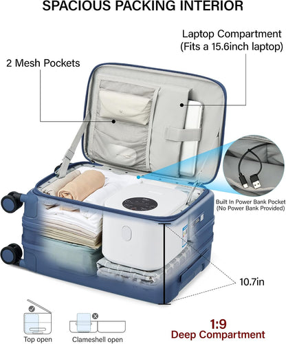 20 Inch Carry On Luggage with Cup Holder and USB Charging Port, Top Opening Hard Shell Suitcase with Wheels, Aluminum Frame Trunk Luggage with TSA Lock & Dividers for Travel, Smoke White