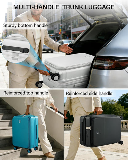 20 Inch Carry On Luggage with Cup Holder and USB Charging Port, Top Opening Hard Shell Suitcase with Wheels, Aluminum Frame Trunk Luggage with TSA Lock & Dividers for Travel, Smoke White