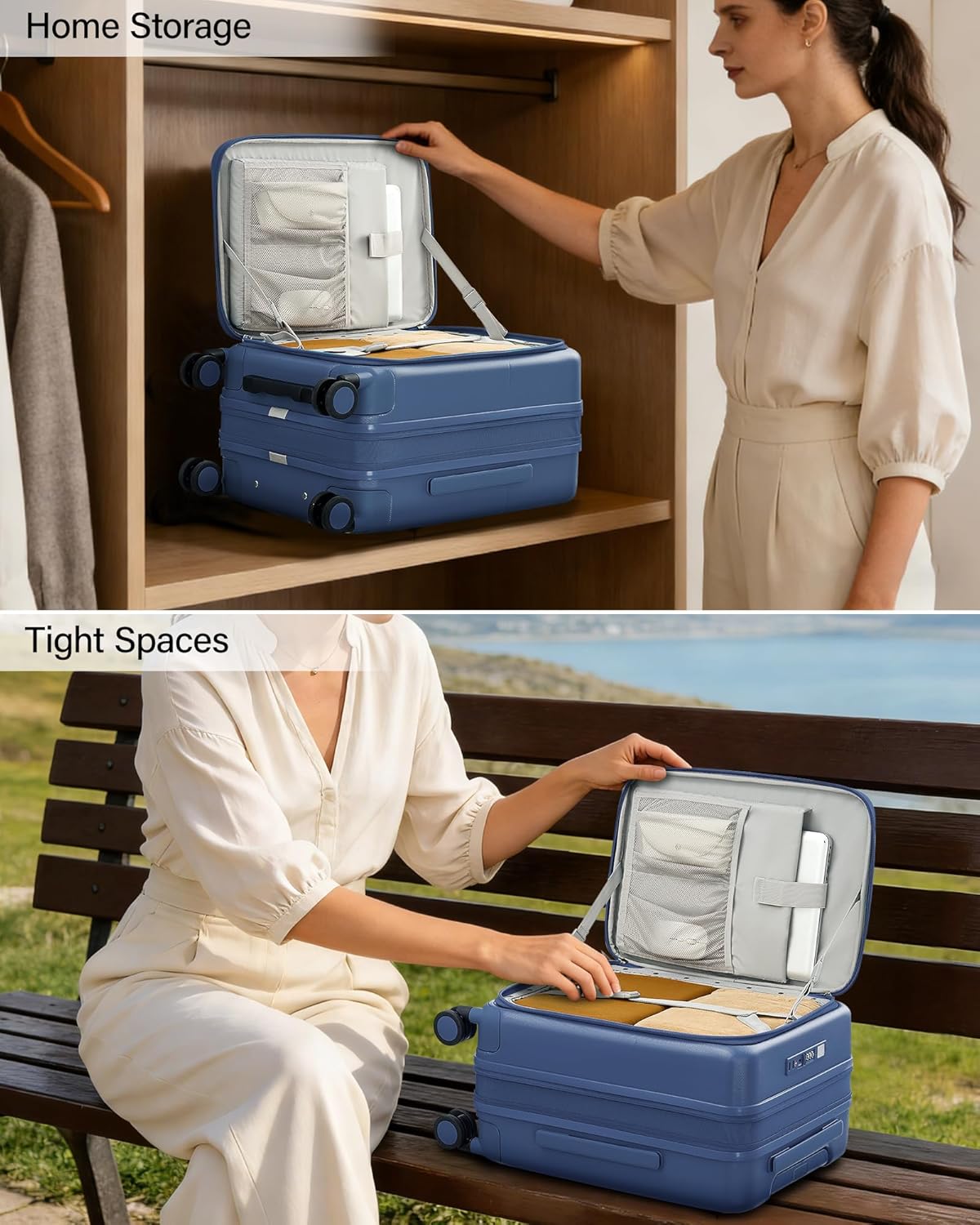 20 Inch Carry On Luggage with Cup Holder and USB Charging Port, Top Opening Hard Shell Suitcase with Wheels, Aluminum Frame Trunk Luggage with TSA Lock & Dividers for Travel, Smoke White