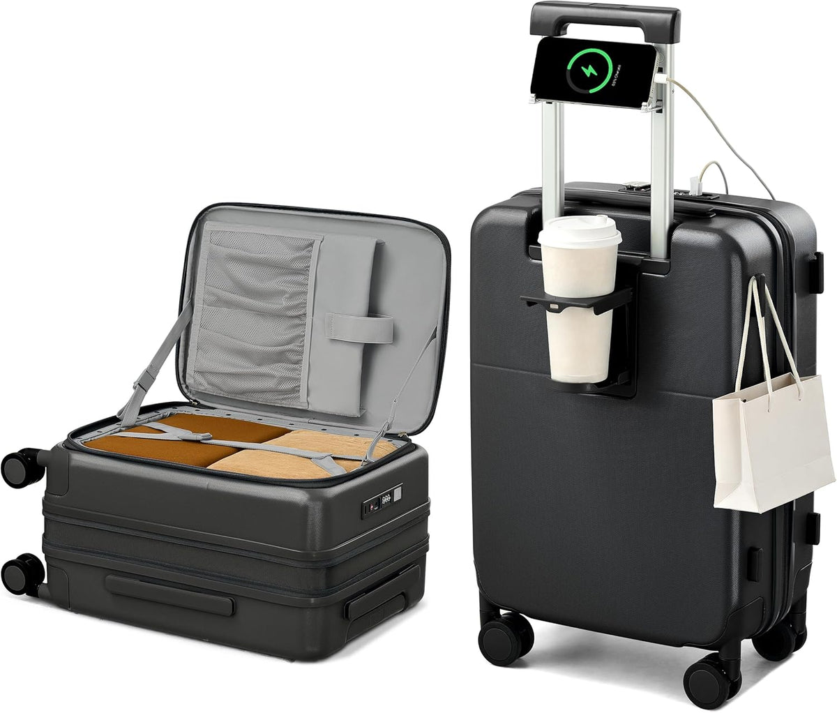 20 Inch Carry On Luggage with Cup Holder and USB Charging Port, Top Opening Hard Shell Suitcase with Wheels, Aluminum Frame Trunk Luggage with TSA Lock & Dividers for Travel, Smoke White