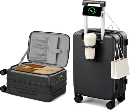 20 Inch Carry On Luggage with Cup Holder and USB Charging Port, Top Opening Hard Shell Suitcase with Wheels, Aluminum Frame Trunk Luggage with TSA Lock & Dividers for Travel, Smoke White