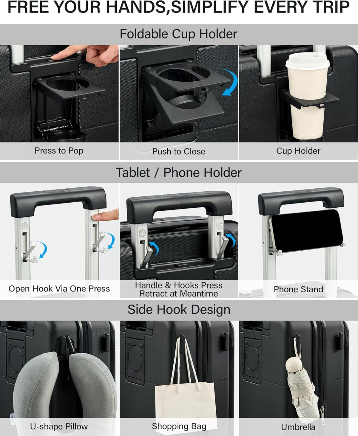 20 Inch Carry On Luggage with Cup Holder and USB Charging Port, Top Opening Hard Shell Suitcase with Wheels, Aluminum Frame Trunk Luggage with TSA Lock & Dividers for Travel, Smoke White