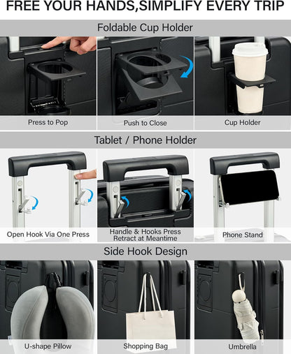 20 Inch Carry On Luggage with Cup Holder and USB Charging Port, Top Opening Hard Shell Suitcase with Wheels, Aluminum Frame Trunk Luggage with TSA Lock & Dividers for Travel, Smoke White