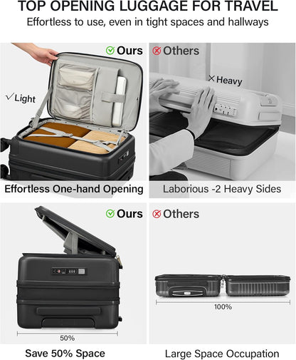 20 Inch Carry On Luggage with Cup Holder and USB Charging Port, Top Opening Hard Shell Suitcase with Wheels, Aluminum Frame Trunk Luggage with TSA Lock & Dividers for Travel, Smoke White
