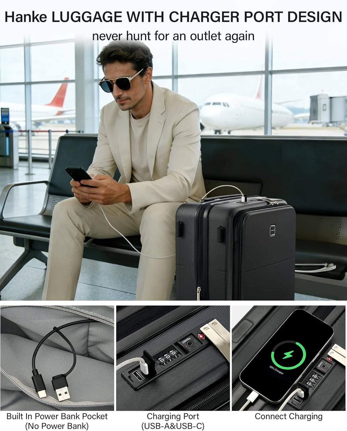20 Inch Carry On Luggage with Cup Holder and USB Charging Port, Top Opening Hard Shell Suitcase with Wheels, Aluminum Frame Trunk Luggage with TSA Lock & Dividers for Travel, Smoke White
