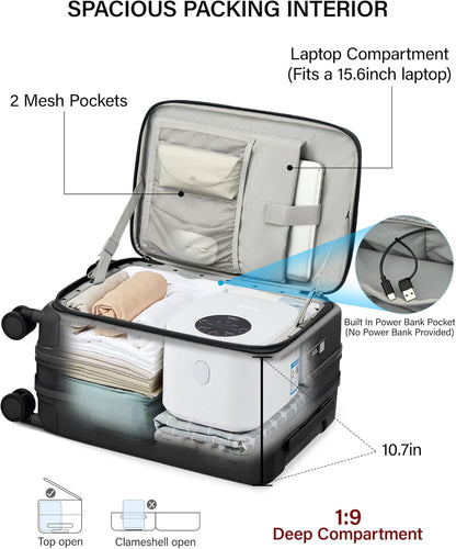 20 Inch Carry On Luggage with Cup Holder and USB Charging Port, Top Opening Hard Shell Suitcase with Wheels, Aluminum Frame Trunk Luggage with TSA Lock & Dividers for Travel, Smoke White