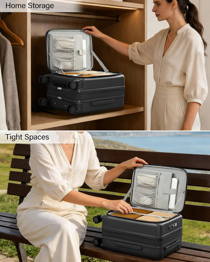 20 Inch Carry On Luggage with Cup Holder and USB Charging Port, Top Opening Hard Shell Suitcase with Wheels, Aluminum Frame Trunk Luggage with TSA Lock & Dividers for Travel, Smoke White