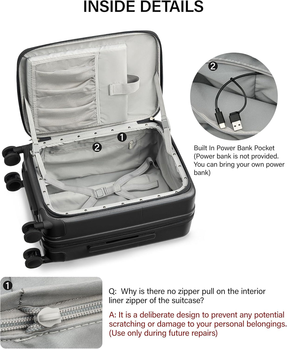 20 Inch Carry On Luggage with Cup Holder and USB Charging Port, Top Opening Hard Shell Suitcase with Wheels, Aluminum Frame Trunk Luggage with TSA Lock & Dividers for Travel, Smoke White