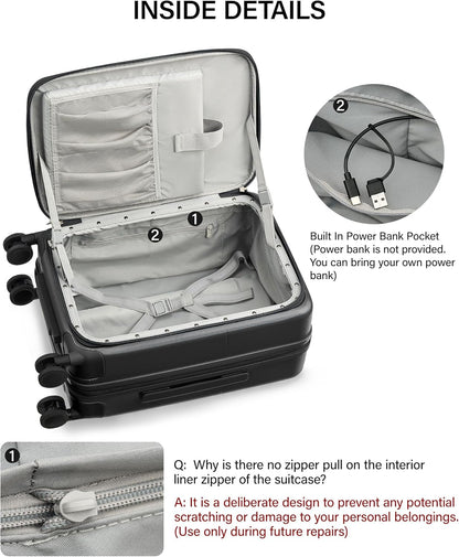 20 Inch Carry On Luggage with Cup Holder and USB Charging Port, Top Opening Hard Shell Suitcase with Wheels, Aluminum Frame Trunk Luggage with TSA Lock & Dividers for Travel, Smoke White