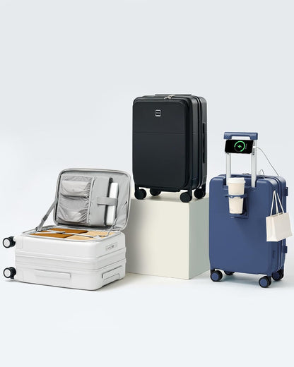 20 Inch Carry On Luggage with Cup Holder and USB Charging Port, Top Opening Hard Shell Suitcase with Wheels, Aluminum Frame Trunk Luggage with TSA Lock & Dividers for Travel, Smoke White