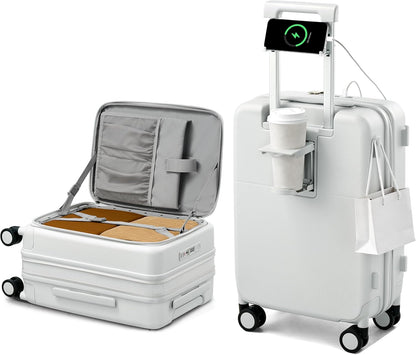 20 Inch Carry On Luggage with Cup Holder and USB Charging Port, Top Opening Hard Shell Suitcase with Wheels, Aluminum Frame Trunk Luggage with TSA Lock & Dividers for Travel, Smoke White