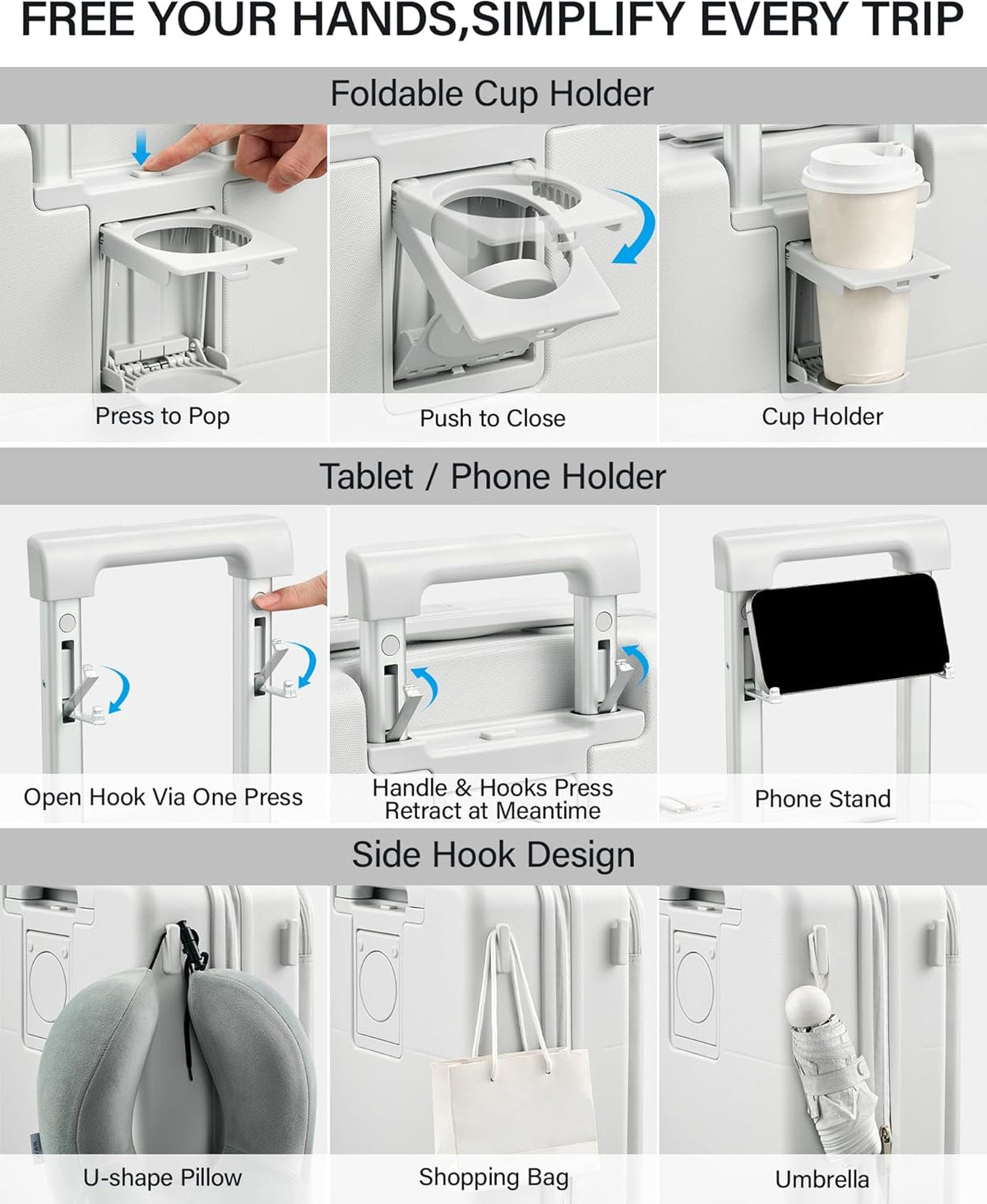 20 Inch Carry On Luggage with Cup Holder and USB Charging Port, Top Opening Hard Shell Suitcase with Wheels, Aluminum Frame Trunk Luggage with TSA Lock & Dividers for Travel, Smoke White