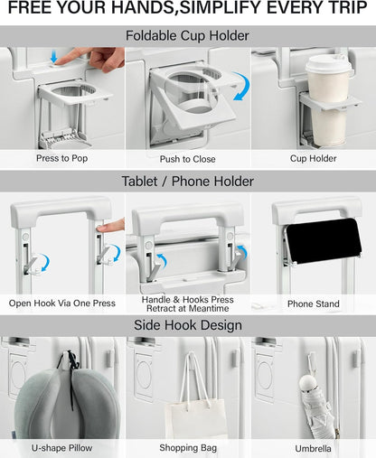 20 Inch Carry On Luggage with Cup Holder and USB Charging Port, Top Opening Hard Shell Suitcase with Wheels, Aluminum Frame Trunk Luggage with TSA Lock & Dividers for Travel, Smoke White
