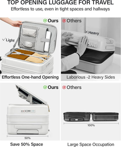20 Inch Carry On Luggage with Cup Holder and USB Charging Port, Top Opening Hard Shell Suitcase with Wheels, Aluminum Frame Trunk Luggage with TSA Lock & Dividers for Travel, Smoke White