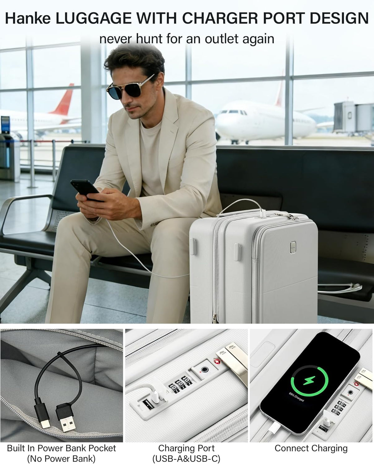 20 Inch Carry On Luggage with Cup Holder and USB Charging Port, Top Opening Hard Shell Suitcase with Wheels, Aluminum Frame Trunk Luggage with TSA Lock & Dividers for Travel, Smoke White