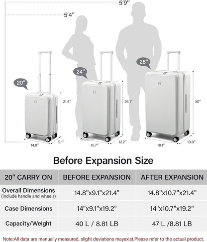 20 Inch Carry On Luggage with Cup Holder and USB Charging Port, Top Opening Hard Shell Suitcase with Wheels, Aluminum Frame Trunk Luggage with TSA Lock & Dividers for Travel, Smoke White