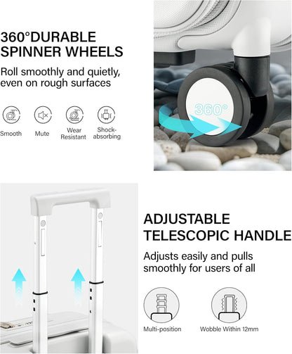 20 Inch Carry On Luggage with Cup Holder and USB Charging Port, Top Opening Hard Shell Suitcase with Wheels, Aluminum Frame Trunk Luggage with TSA Lock & Dividers for Travel, Smoke White