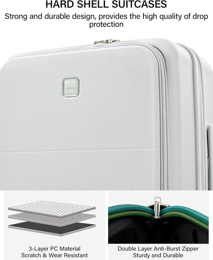 20 Inch Carry On Luggage with Cup Holder and USB Charging Port, Top Opening Hard Shell Suitcase with Wheels, Aluminum Frame Trunk Luggage with TSA Lock & Dividers for Travel, Smoke White