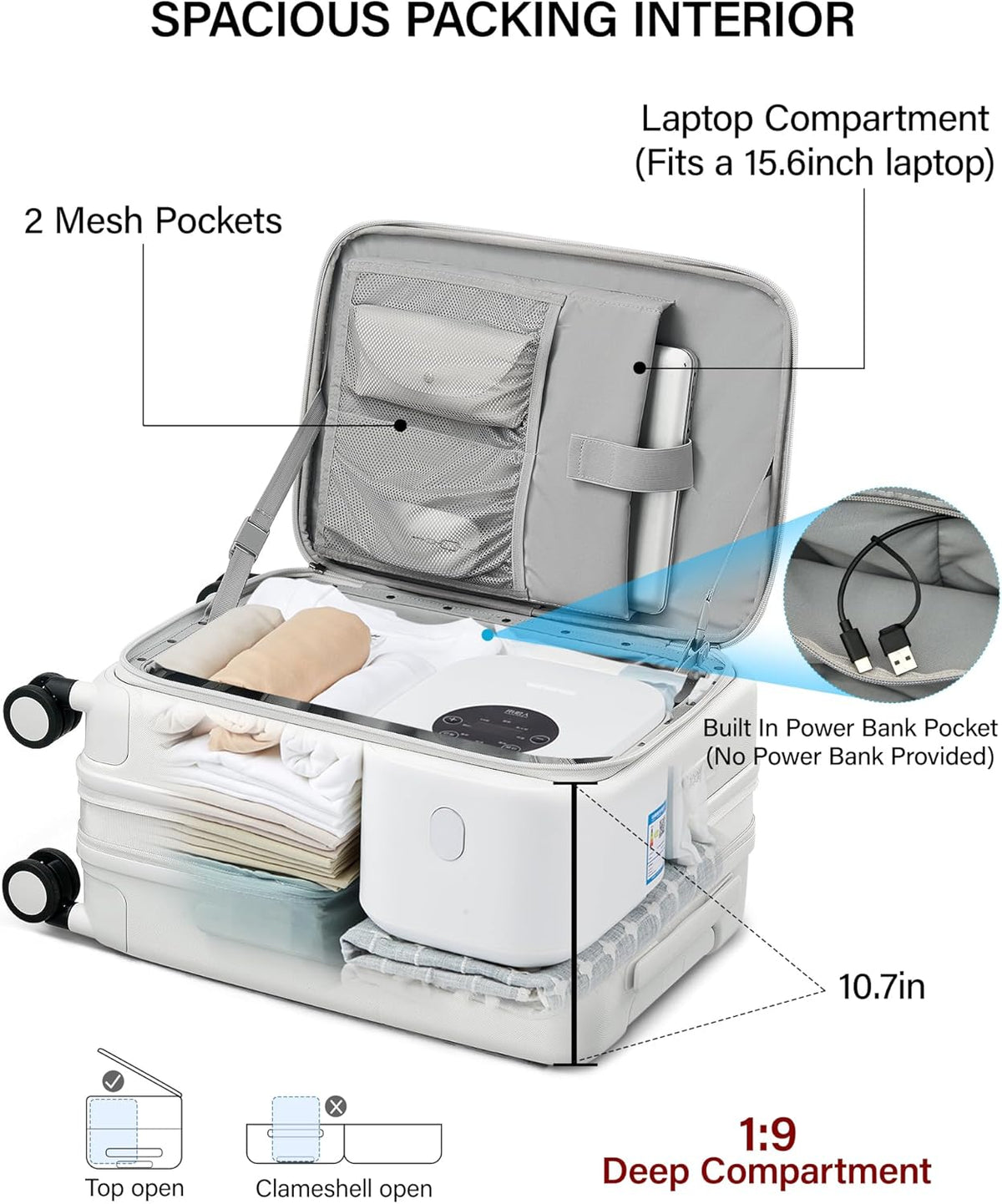20 Inch Carry On Luggage with Cup Holder and USB Charging Port, Top Opening Hard Shell Suitcase with Wheels, Aluminum Frame Trunk Luggage with TSA Lock & Dividers for Travel, Smoke White