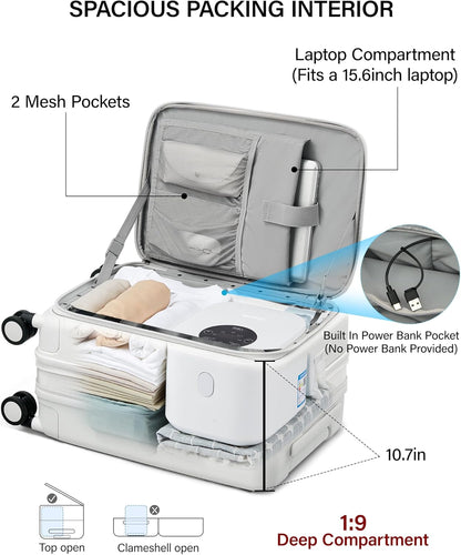 20 Inch Carry On Luggage with Cup Holder and USB Charging Port, Top Opening Hard Shell Suitcase with Wheels, Aluminum Frame Trunk Luggage with TSA Lock & Dividers for Travel, Smoke White