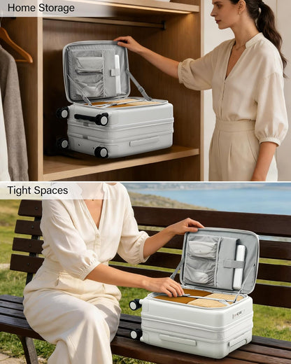 20 Inch Carry On Luggage with Cup Holder and USB Charging Port, Top Opening Hard Shell Suitcase with Wheels, Aluminum Frame Trunk Luggage with TSA Lock & Dividers for Travel, Smoke White