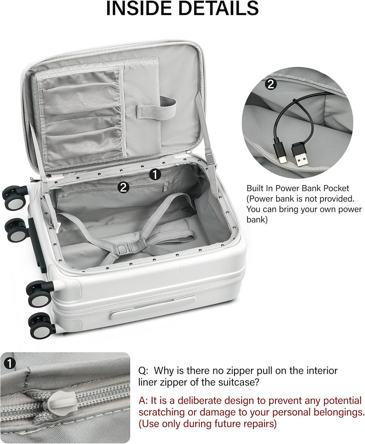 20 Inch Carry On Luggage with Cup Holder and USB Charging Port, Top Opening Hard Shell Suitcase with Wheels, Aluminum Frame Trunk Luggage with TSA Lock & Dividers for Travel, Smoke White