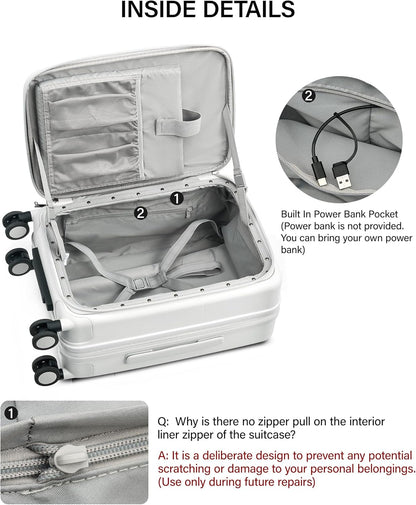 20 Inch Carry On Luggage with Cup Holder and USB Charging Port, Top Opening Hard Shell Suitcase with Wheels, Aluminum Frame Trunk Luggage with TSA Lock & Dividers for Travel, Smoke White