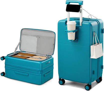 20 Inch Carry On Luggage with Cup Holder and USB Charging Port, Top Opening Hard Shell Suitcase with Wheels, Aluminum Frame Trunk Luggage with TSA Lock & Dividers for Travel, Smoke White