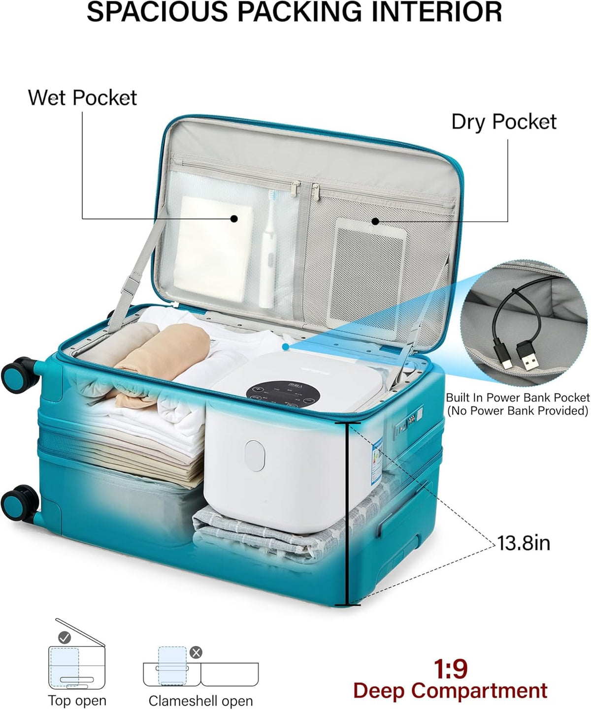 20 Inch Carry On Luggage with Cup Holder and USB Charging Port, Top Opening Hard Shell Suitcase with Wheels, Aluminum Frame Trunk Luggage with TSA Lock & Dividers for Travel, Smoke White