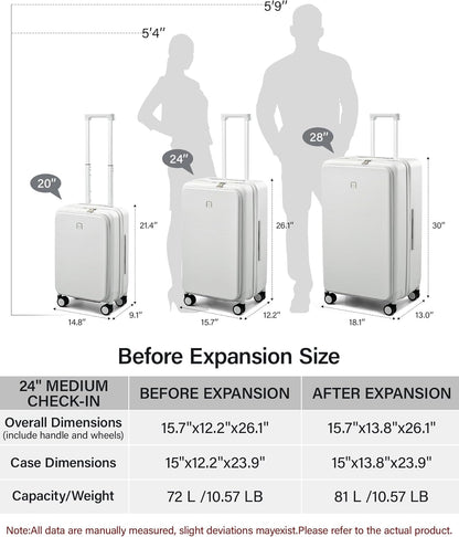 20 Inch Carry On Luggage with Cup Holder and USB Charging Port, Top Opening Hard Shell Suitcase with Wheels, Aluminum Frame Trunk Luggage with TSA Lock & Dividers for Travel, Smoke White