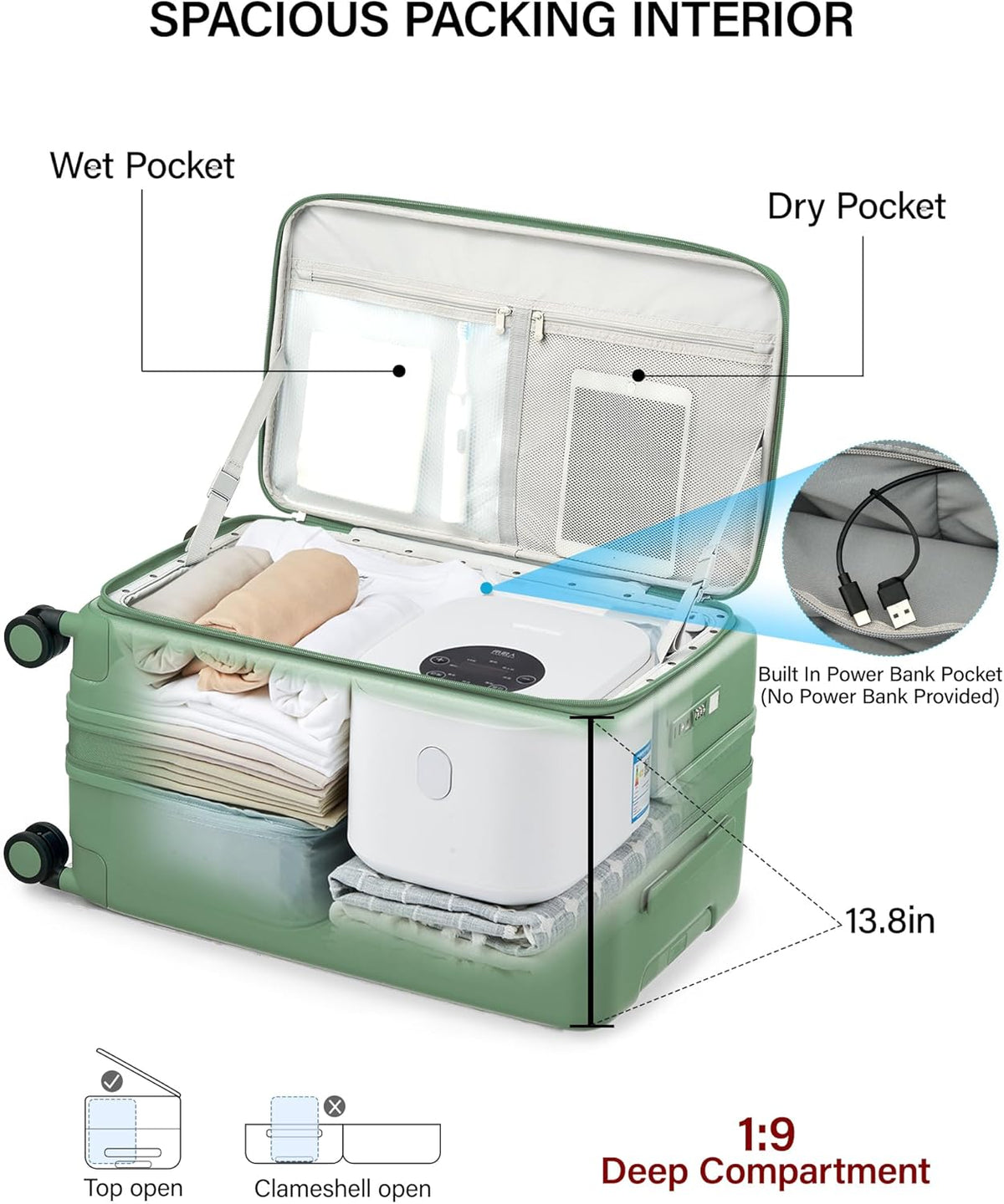 20 Inch Carry On Luggage with Cup Holder and USB Charging Port, Top Opening Hard Shell Suitcase with Wheels, Aluminum Frame Trunk Luggage with TSA Lock & Dividers for Travel, Smoke White