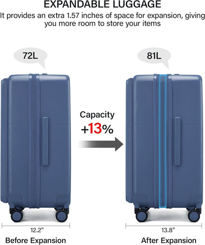 20 Inch Carry On Luggage with Cup Holder and USB Charging Port, Top Opening Hard Shell Suitcase with Wheels, Aluminum Frame Trunk Luggage with TSA Lock & Dividers for Travel, Smoke White
