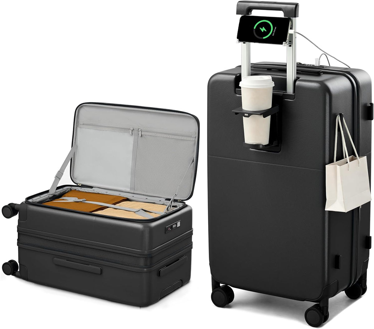 20 Inch Carry On Luggage with Cup Holder and USB Charging Port, Top Opening Hard Shell Suitcase with Wheels, Aluminum Frame Trunk Luggage with TSA Lock & Dividers for Travel, Smoke White