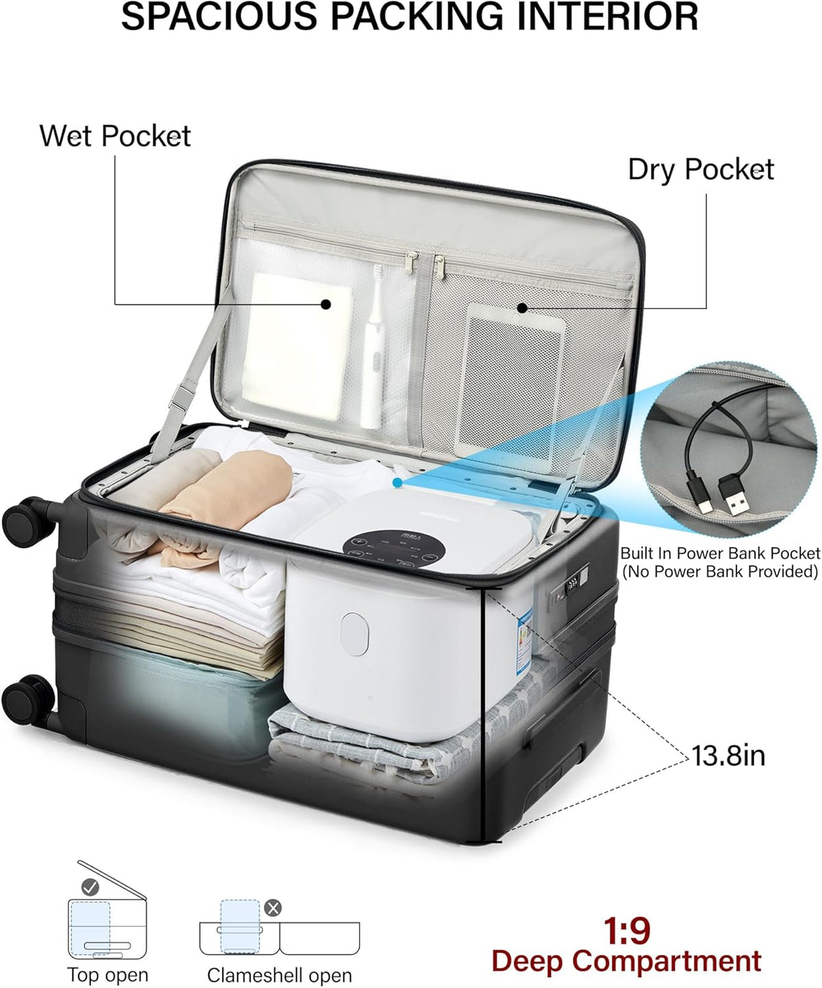20 Inch Carry On Luggage with Cup Holder and USB Charging Port, Top Opening Hard Shell Suitcase with Wheels, Aluminum Frame Trunk Luggage with TSA Lock & Dividers for Travel, Smoke White