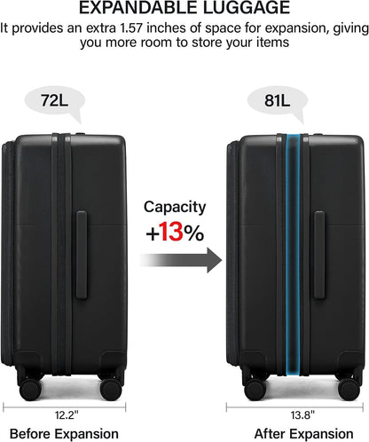 20 Inch Carry On Luggage with Cup Holder and USB Charging Port, Top Opening Hard Shell Suitcase with Wheels, Aluminum Frame Trunk Luggage with TSA Lock & Dividers for Travel, Smoke White