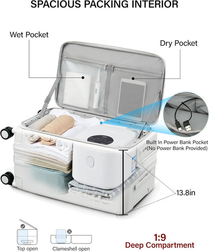 20 Inch Carry On Luggage with Cup Holder and USB Charging Port, Top Opening Hard Shell Suitcase with Wheels, Aluminum Frame Trunk Luggage with TSA Lock & Dividers for Travel, Smoke White