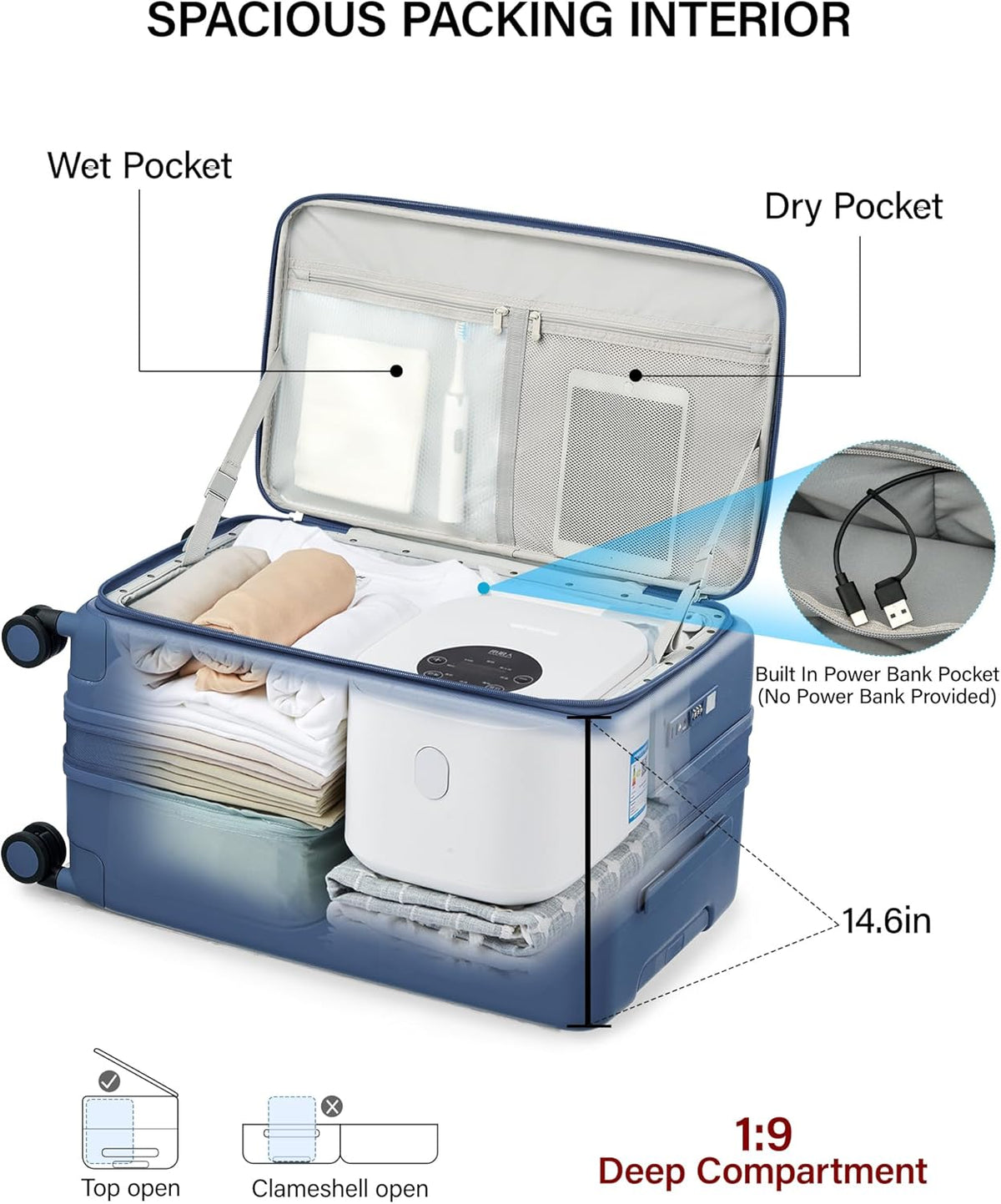 20 Inch Carry On Luggage with Cup Holder and USB Charging Port, Top Opening Hard Shell Suitcase with Wheels, Aluminum Frame Trunk Luggage with TSA Lock & Dividers for Travel, Smoke White