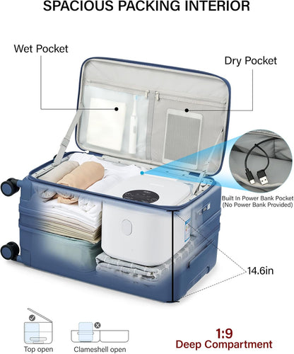 20 Inch Carry On Luggage with Cup Holder and USB Charging Port, Top Opening Hard Shell Suitcase with Wheels, Aluminum Frame Trunk Luggage with TSA Lock & Dividers for Travel, Smoke White