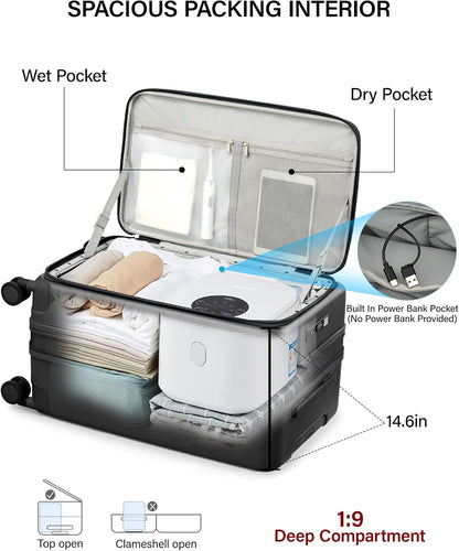 20 Inch Carry On Luggage with Cup Holder and USB Charging Port, Top Opening Hard Shell Suitcase with Wheels, Aluminum Frame Trunk Luggage with TSA Lock & Dividers for Travel, Smoke White